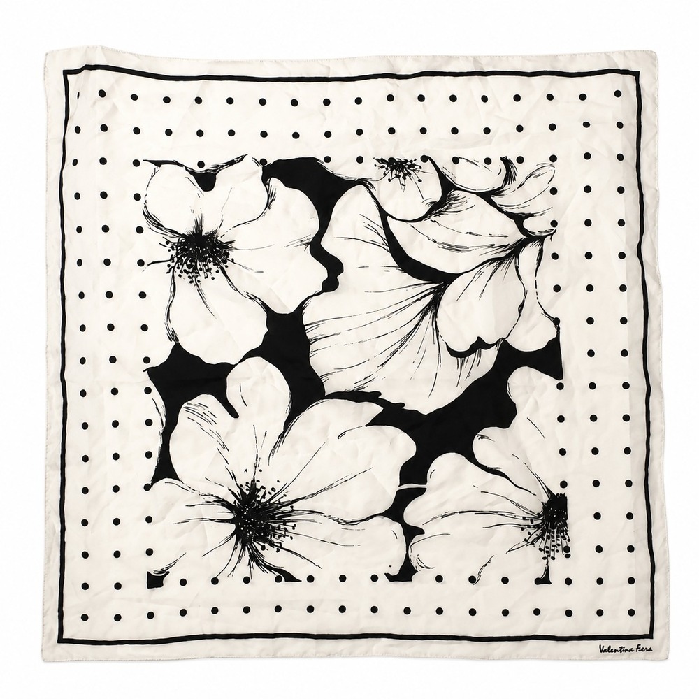 Valentina Fiore Silk Scarf Black White Floral Polka Dot Square Neck Head Wrap